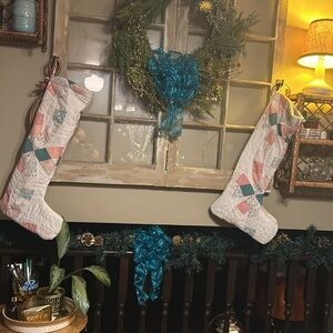2 Vintage Upcycled Reworked Wedding Rings Quilt Christmas Holiday Stockings
